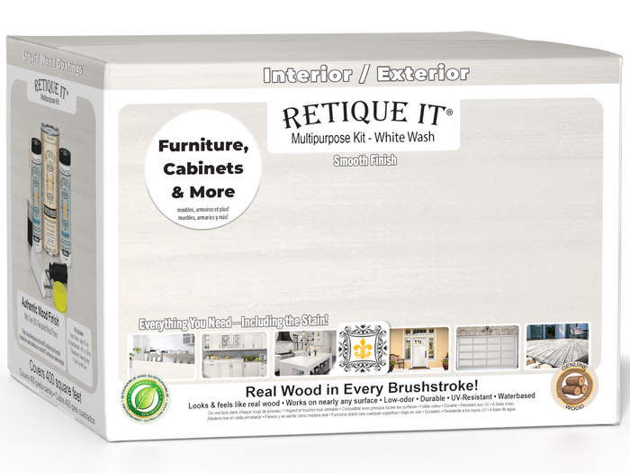 Retique It Multi-purpose Smooth Finish Kit in white wash with four large containers, designed for wood finishing projects.