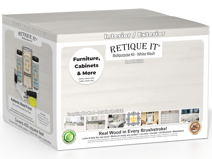 Retique It Multi-purpose Smooth Finish Kit in white wash with four large wood finishing tools and accessories in a box.