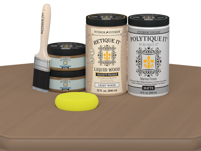 Large Barn Wood Multi-purpose Smooth Finish Kit by Retique It for exterior top coat, includes matte wood finish application tools.