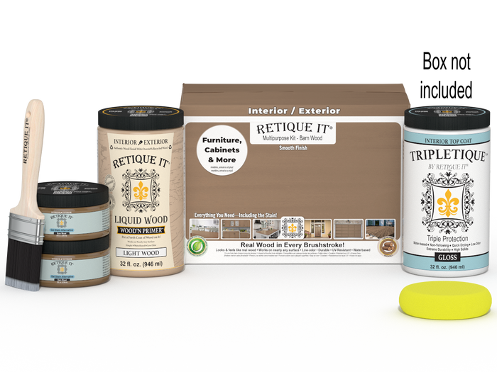 Large Barn Wood Multi-purpose Smooth Finish Kit by Retique It with interior top coat in gloss, including wood finish components and tools.