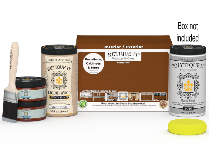 Large Cherry exterior wood finish kit from Retique It with smooth finish, including top coat and application tools.
