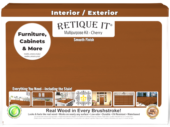 Retique It Large Cherry Multi-purpose Smooth Finish Kit with exterior top coat, matte wood finish, in a box with wood application tools.
