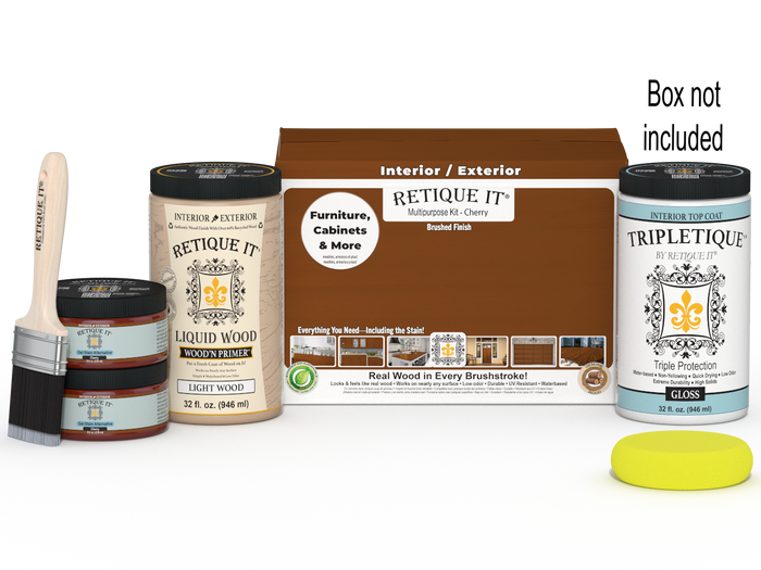 Large Cherry wood finish kit by Retique It for smooth interior top coat, includes tools for multi-purpose wood finishing.