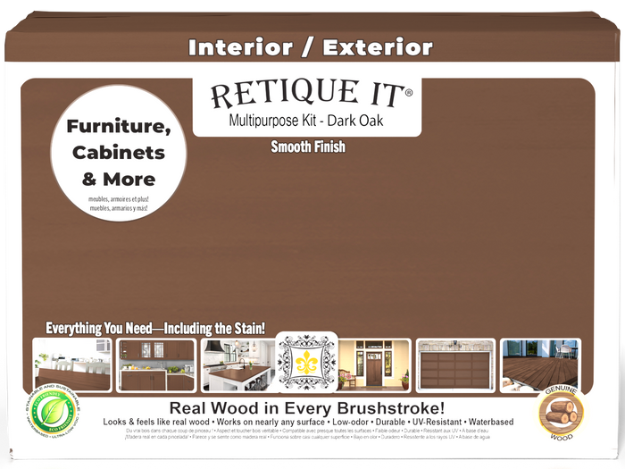 Retique It Multi-purpose Smooth Finish Kit in Dark Oak for exterior use, featuring large box with wood top coat and matte finish.