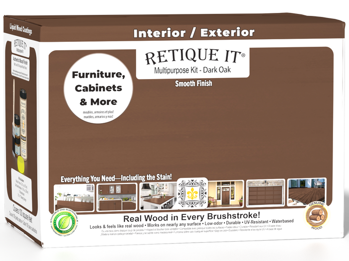 Retique It Multi-purpose Smooth Finish Kit Large in Dark Oak for exterior top coat, featuring a wood finish box and tools.