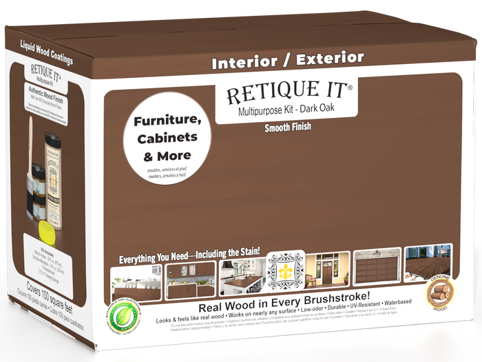 Large dark oak wood finish kit with exterior top coat and matte finish from Retique It Wood'n Finish Kits, smooth surface.