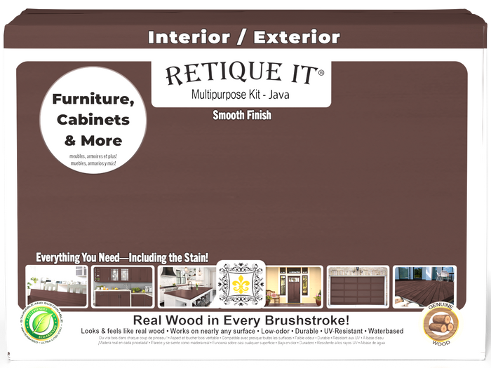 Retique It Multi-purpose Smooth Finish Kit Large in Java for exterior wood, featuring a matte top coat.