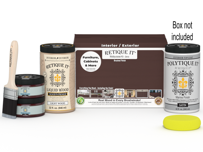 Retique It Multi-purpose Smooth Finish Kit (Large) in Java with wood top coat and applicator brush for exterior wood projects.