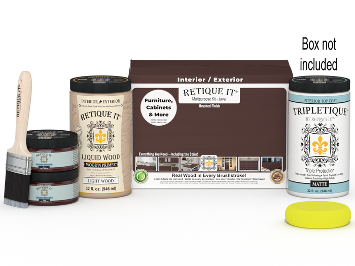 Retique It Multi-purpose Smooth Finish Kit (Large) in Java for interior wood projects, includes top coat and application tools.