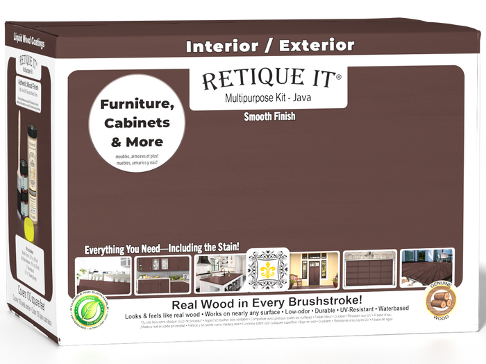 Retique It Multi-purpose Smooth Finish Kit (Large) in Java for interior wood top coating, with wood finish tools and supplies.