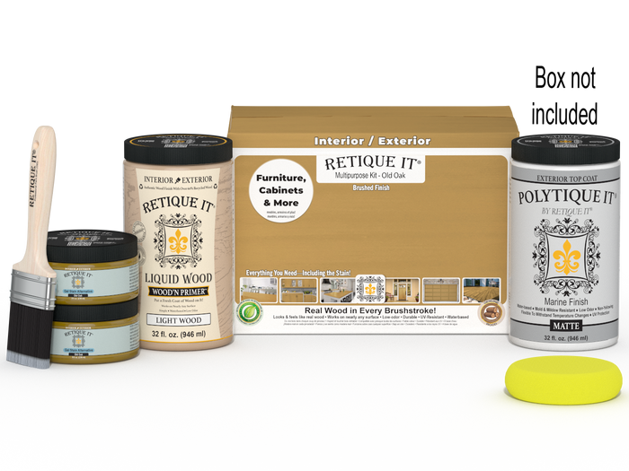 Retique It Multi-purpose Large Smooth Finish Kit in Old Oak for exterior wood with matte top coat, includes brushes and finish tools.
