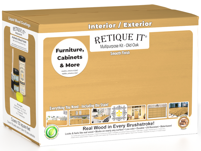 Retique It Multi-purpose Smooth Finish Kit (Large) in Old Oak for exterior top coat, matte wood finish, includes application tools.