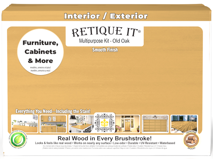Retique It Multi-purpose Smooth Finish Kit (Large) in Old Oak for wood interior top coat, showing the front of the box.