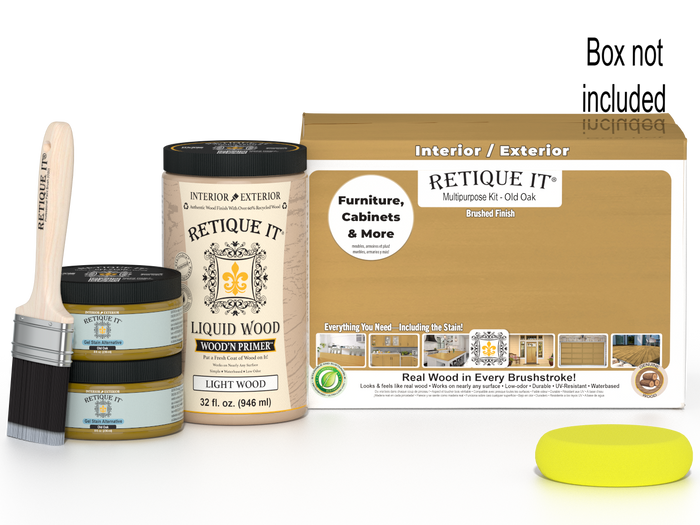 Large Old Oak Wood'n Finish Kit by Retique It featuring tools and materials for smooth wood finishing projects