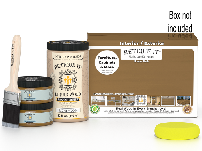 Large Pecan wood finish kit from Retique It with smooth finish, including brushes and finishing tools for wood projects.