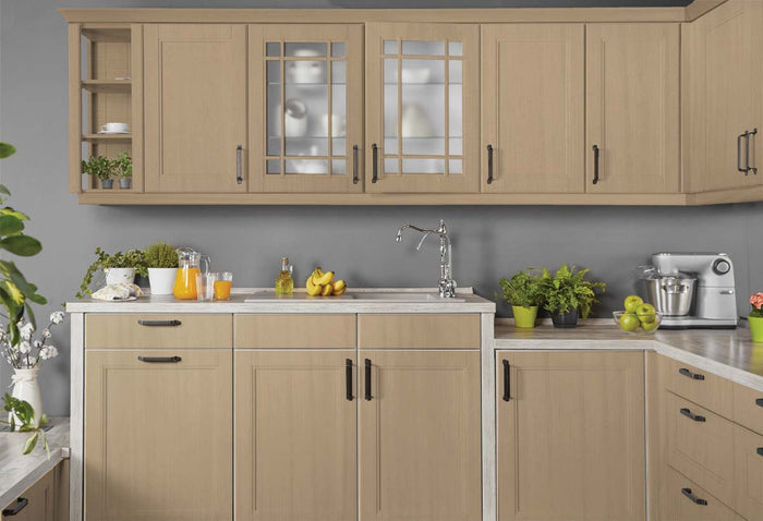 Retique It Multi-purpose Smooth Finish Kit (Large) in Pecan, showing a wood finish application on kitchen cabinets.