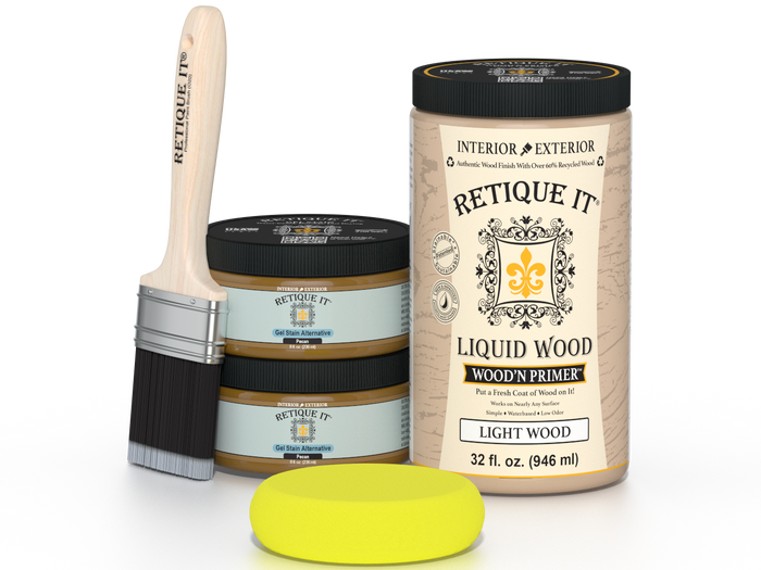 Retique It Multi-purpose Smooth Finish Kit (Large) in Pecan wood finish, shown with application tools on a wood surface.