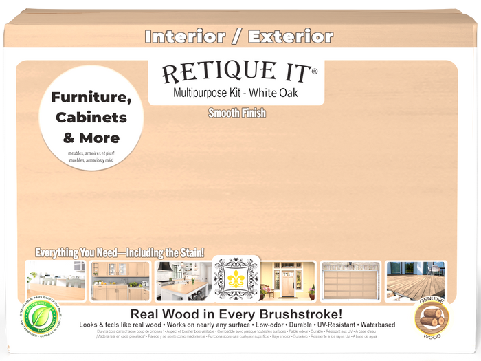 Retique It large white oak wood finish kit with interior top coat in matte, featuring multiple tools for smooth woodworking projects.