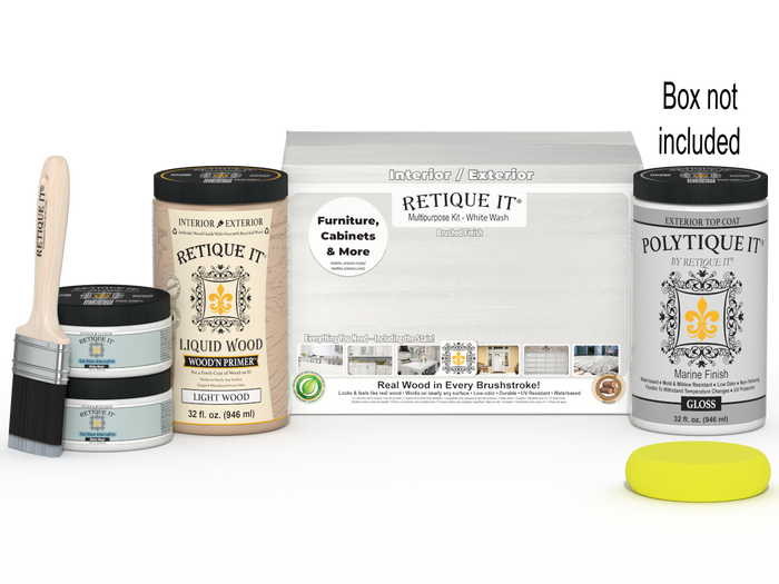 Large white wash exterior gloss wood finish kit by Retique It with smooth finish, including top coat and application tools.