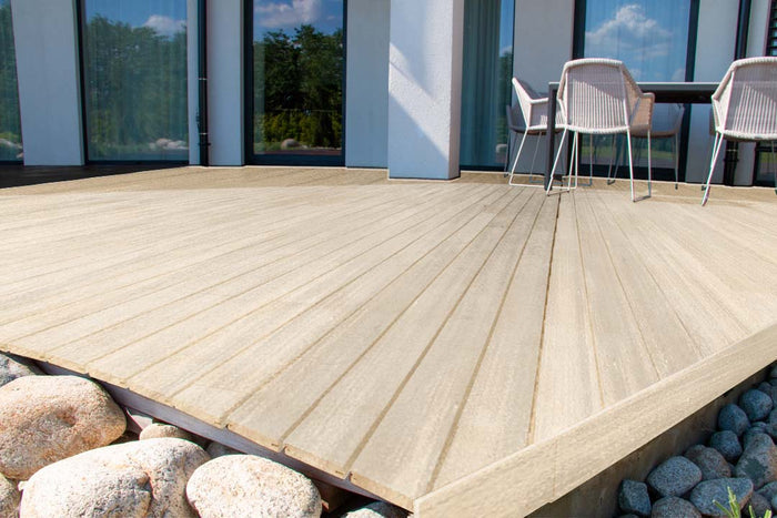Retique It Multi-purpose Smooth Finish Kit for exterior wood, large white wash gloss top coat on decking surface.