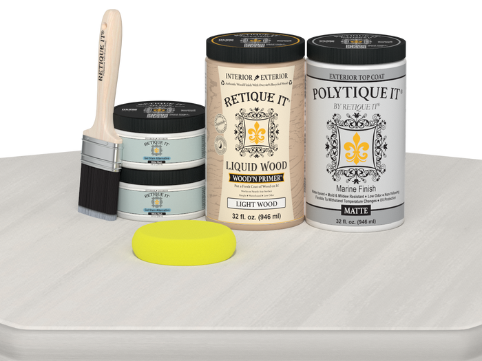 Large White Wash exterior top coat from Wood'n Finish Kits by Retique It in smooth matte finish, shown in a wooden table application.