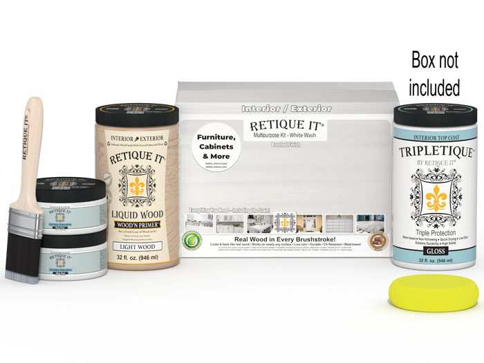 Large white wash interior wood finish kit from Retique It with gloss top coat and smooth finish, includes application tools and materials.