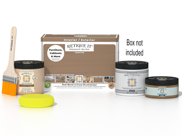 Retique It Wood'n Finish Kit in Barn Wood, multi-purpose smooth finish top coat for exterior wood projects, includes application tools.