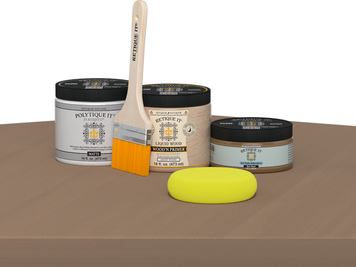 Retique It Multi-purpose Smooth Finish Kit in Barn Wood for exterior wood projects, featuring a matte top coat and natural wood appearance.