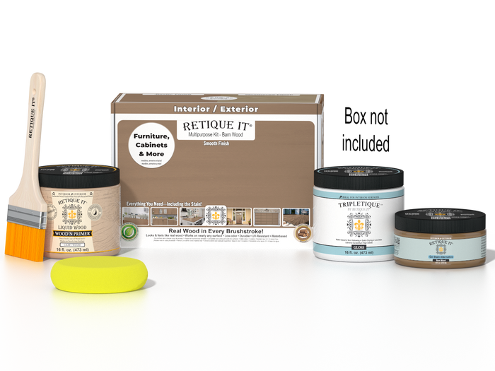Retique It Multi-purpose Smooth Finish Kit in Barn Wood for interior top coat with gloss, shown with included components.