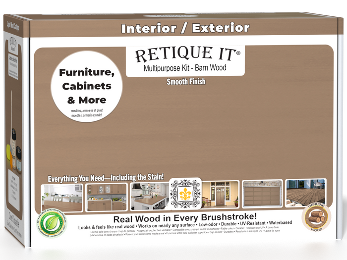 Retique It Multi-purpose Smooth Finish Kit in Barn Wood for interior top coat with glossy finish, includes wood finish components in box.