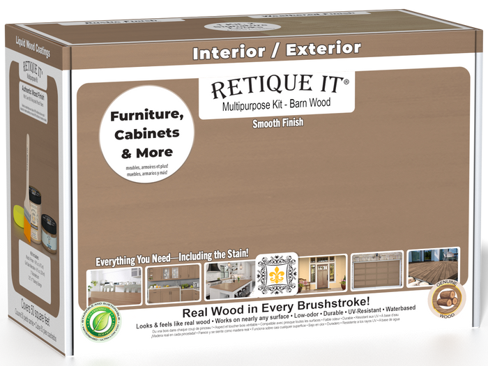 Retique It Multi-purpose Smooth Finish Kit in Barn Wood, interior top coat with glossy finish, includes wood finish components and tools.