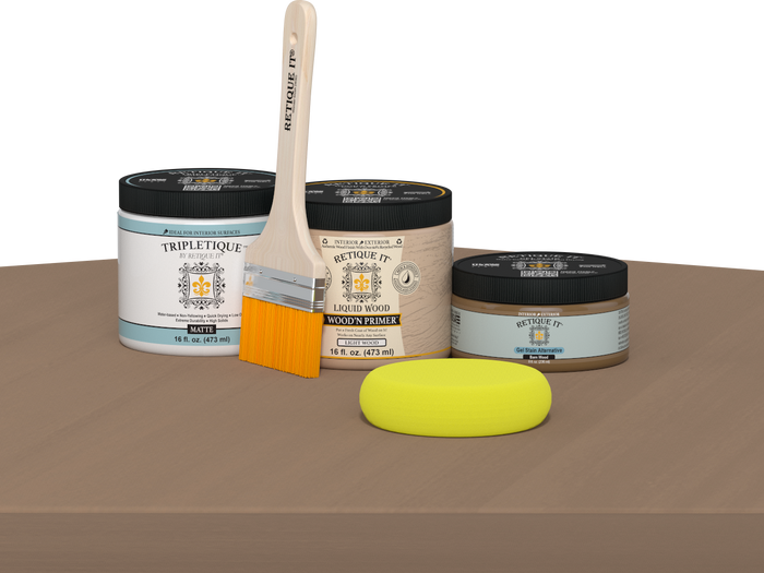 Retique It Multi-purpose Smooth Finish Kit in barn wood for interior use, featuring matte top coat and wood finishing tools.