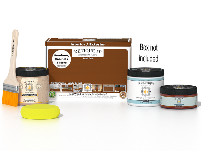 Retique It Multi-purpose Smooth Finish Kit in Cherry for interior wood projects, includes top coat and application tools.