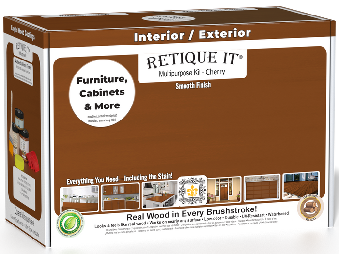 Retique It Multi-purpose Smooth Finish Kit in Cherry for interior wood projects, featuring a box with various finishing tools and products.