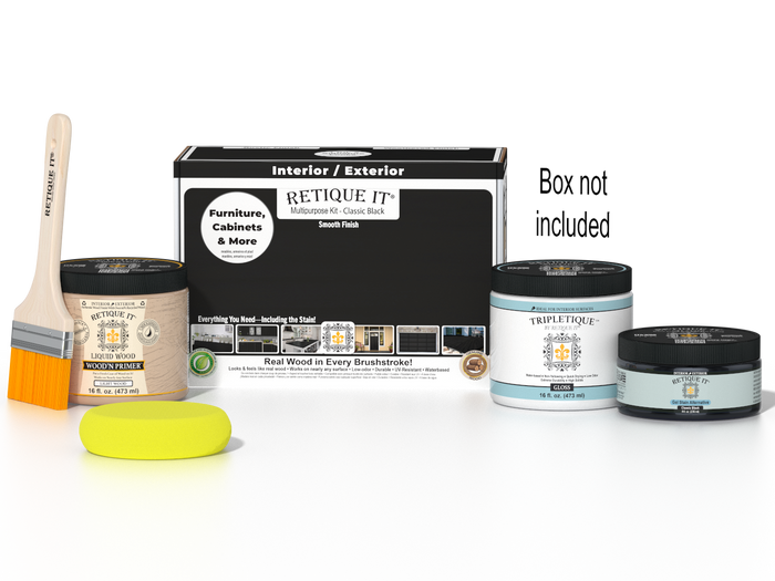 Retique It Multi-purpose Smooth Finish Kit in classic black for interior wood top coat with gloss finish, includes application tools and box.