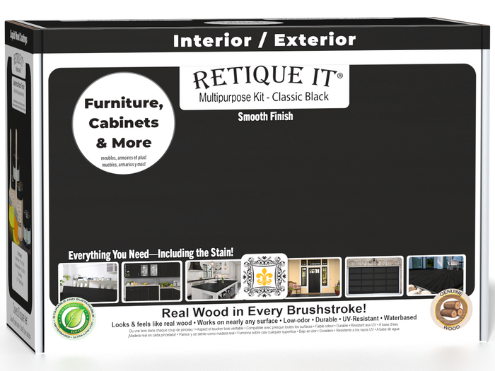 Retique It Multi-purpose Smooth Finish Kit in classic black for interior wood projects, featuring top coat application.