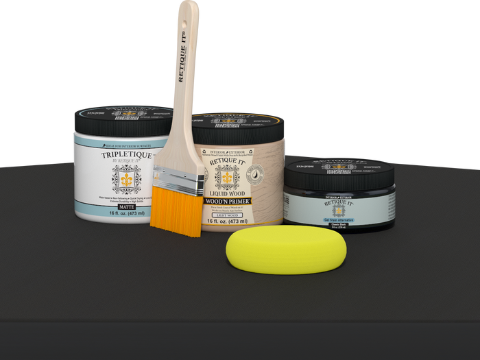 Retique It Multi-purpose Smooth Finish Kit in Classic Black for interior wood projects, including top coat application with matte finish.