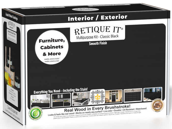 Retique It Multi-purpose Smooth Finish Kit in classic black for interior woodworking, includes top coat and application tools.