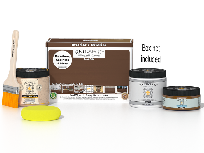 Retique It Multi-purpose Smooth Finish Kit in Dark Oak for exterior wood, includes top coat and application tools.