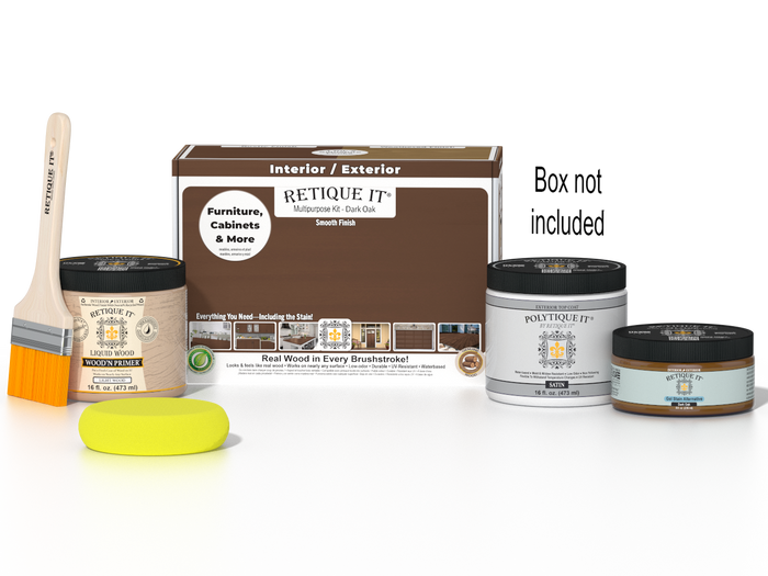 Retique It Dark Oak Multi-purpose Smooth Finish Kit for exterior wood, includes top coat and application tools.