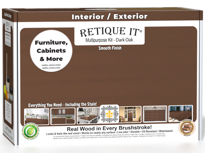 Retique It Multi-purpose Smooth Finish Kit in Dark Oak for exterior wood, featuring matte top coat and wood finishing tools.