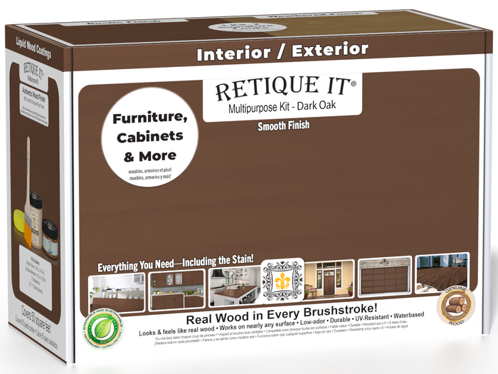 Retique It Dark Oak Multi-purpose Smooth Finish Kit for wood, featuring exterior top coat in a matte finish, ideal for wood projects.