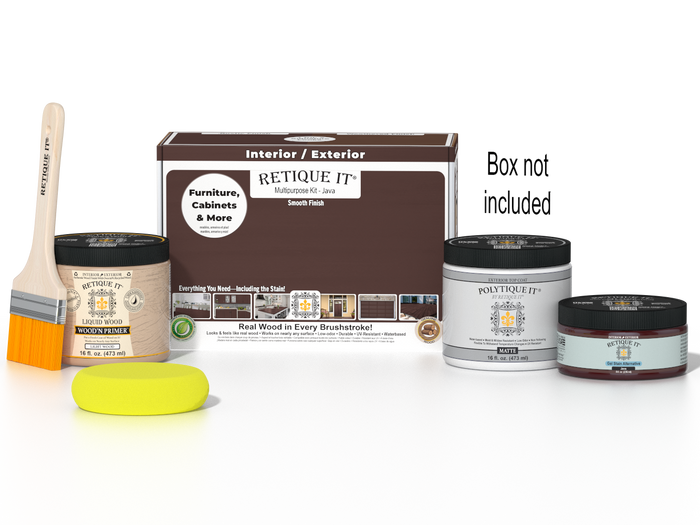 Retique It Multi-purpose Smooth Finish Kit in Java for exterior wood projects, includes top coat and application tools.