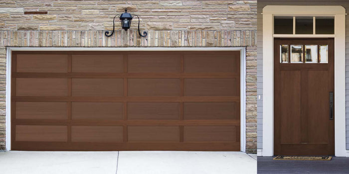 Retique It Multi-purpose Smooth Finish Kit in Java for exterior wood surfaces, featuring a matte top coat on a garage door.