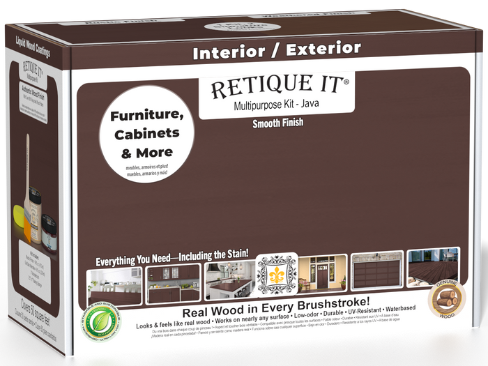 Retique It Multi-purpose Smooth Finish Kit in Java for interior wood furniture with matte top coat, includes wood finishing supplies.