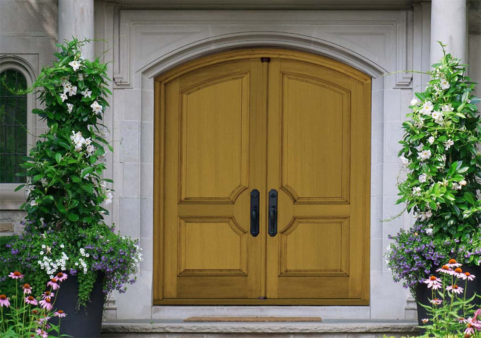 Retique It wood finish kit in Old Oak for exterior doors, showing smooth, natural wood grain and dual-purpose top coat application.