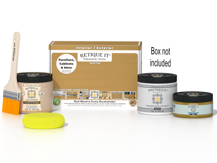 Retique It® Old Oak Brush-On Kit shown with the Old Oak Multipurpose Kit box, brush, Light Wood primer, Old Oak Gel Stain Alternative, Matte PolyTique® top coat, and a yellow sponge.
