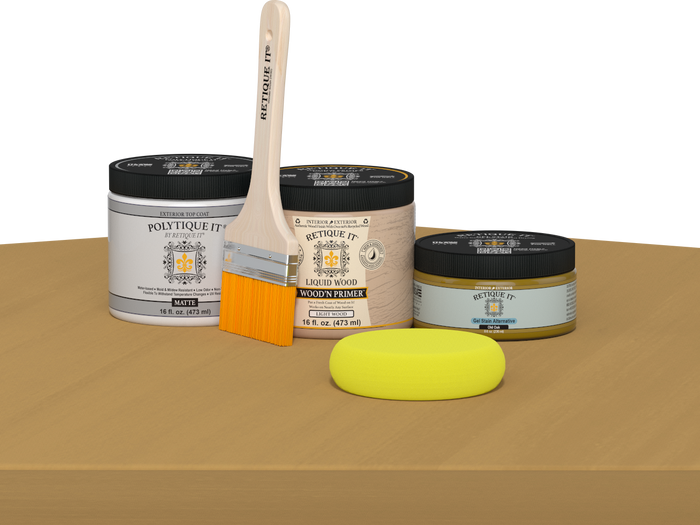 Retique It refinishing kit with Light Wood primer, Old Oak gel stain alternative, matte Polytique It topcoat, a brush and yellow sponge.