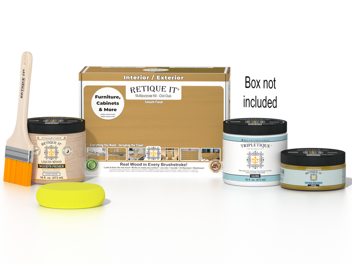 Retique It Multi-purpose Smooth Finish Kit in Old Oak for interior wood projects, includes gloss top coat and application tools.
