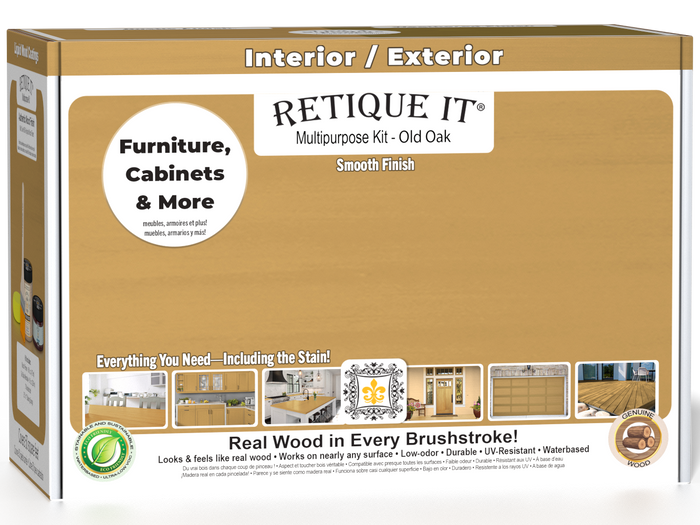 Retique It Multi-purpose Smooth Finish Kit in Old Oak for interior wood top coating, shown in box with tools and product containers.